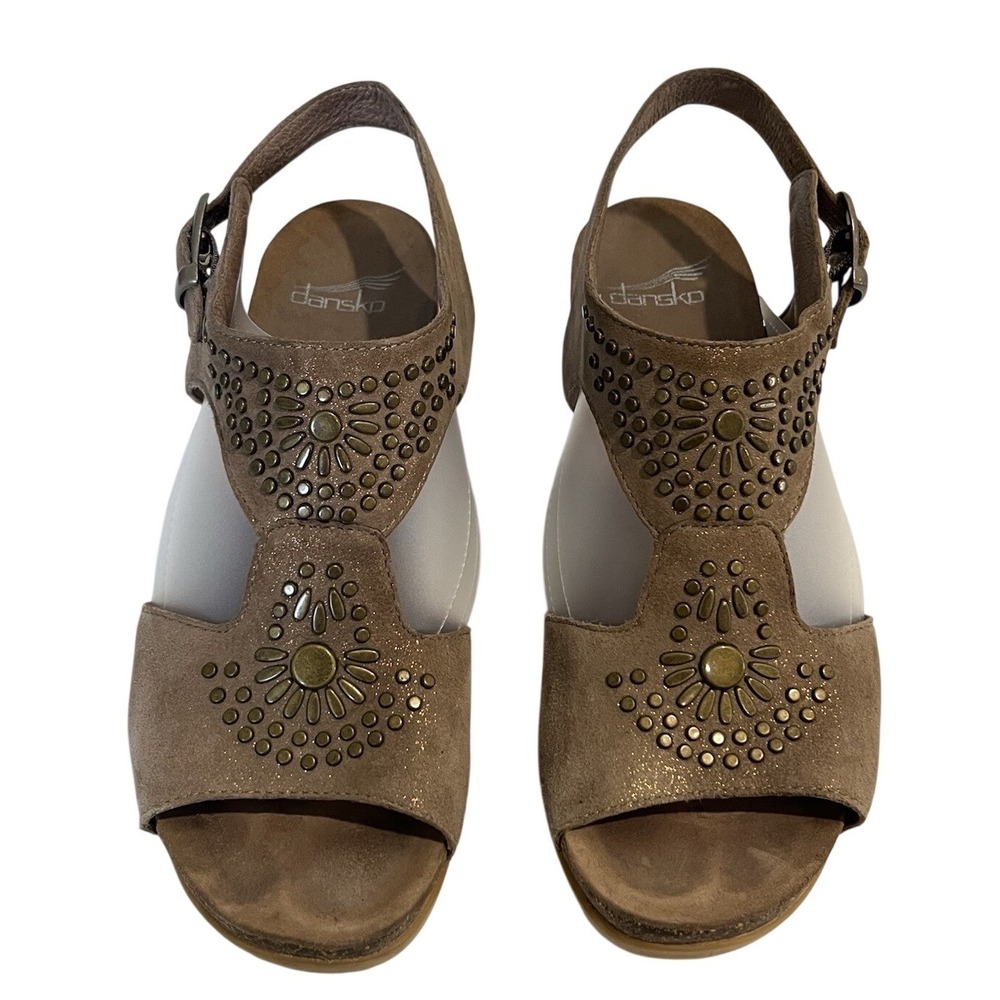 Dansko Deandra Taupe Shimmer‎ Suede Studded Block Heel Sandals Size 38 US 8